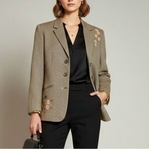 American Eagle Outfitters Tweed Blazer Floral Embroidery Women L G Brown Accent